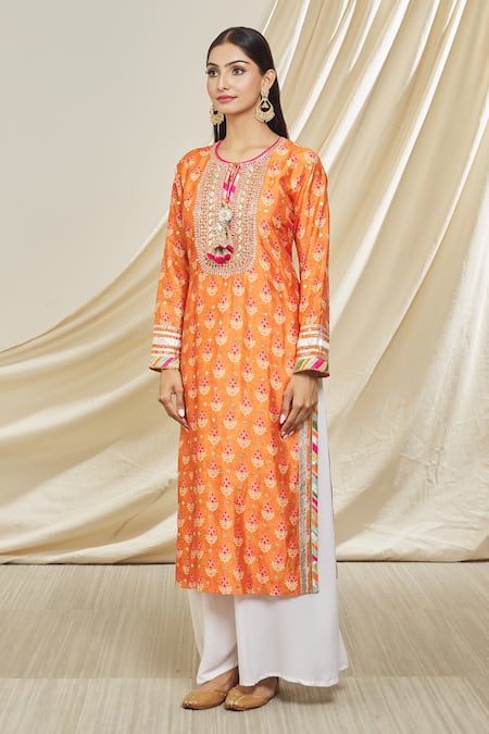 Buy_Gopi Vaid_Orange Tussar Tassels Round Neck Tilla Embellished Neckline Tunic _Online_at_Aza_Fashions