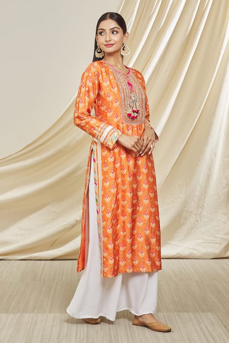 Shop_Gopi Vaid_Orange Tussar Tassels Round Neck Tilla Embellished Neckline Tunic _Online_at_Aza_Fashions