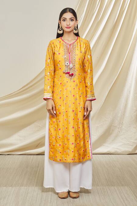 Gopi Vaid_Orange Tussar Embroidery, Tassels Round Neck Rashida Floral Pattern Tunic_Online_at_Aza_Fashions