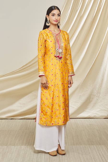 Buy_Gopi Vaid_Orange Tussar Embroidery, Tassels Round Neck Rashida Floral Pattern Tunic_Online_at_Aza_Fashions