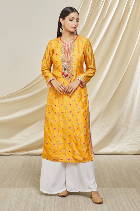 Shop_Gopi Vaid_Orange Tussar Embroidery, Tassels Round Neck Rashida Floral Pattern Tunic_Online_at_Aza_Fashions