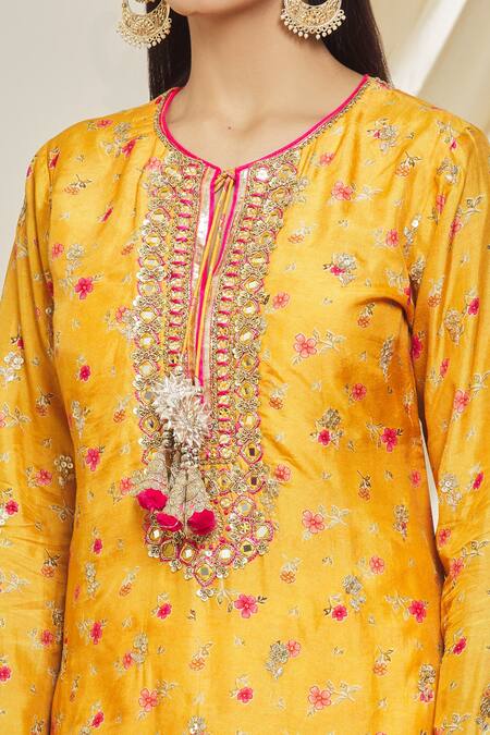 Gopi Vaid_Orange Tussar Embroidery, Tassels Round Neck Rashida Floral Pattern Tunic_at_Aza_Fashions