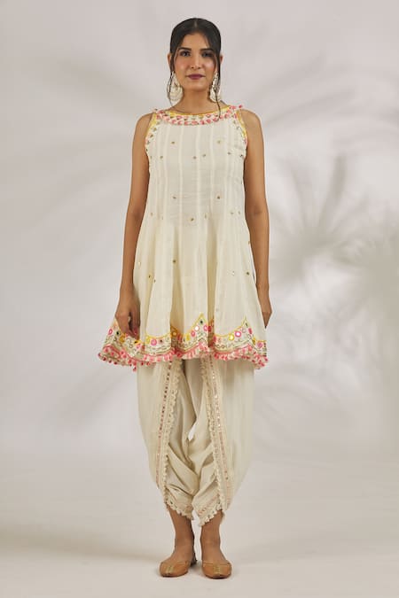 Gopi Vaid_Ivory Cotton Tassels, Pom-poms Aisha Sequin Embroidered Kurta With Dhoti Pant _at_Aza_Fashions