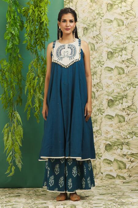 Alaya Advani Blue Cotton Embroidery Round Neck Peacock Anarkali And Palazzo Set at Aza Fashions Alaya Advani_Blue Cotton Embroidery Round Neck Peacock Anarkali And Palazzo Set_at_Aza_Fashions