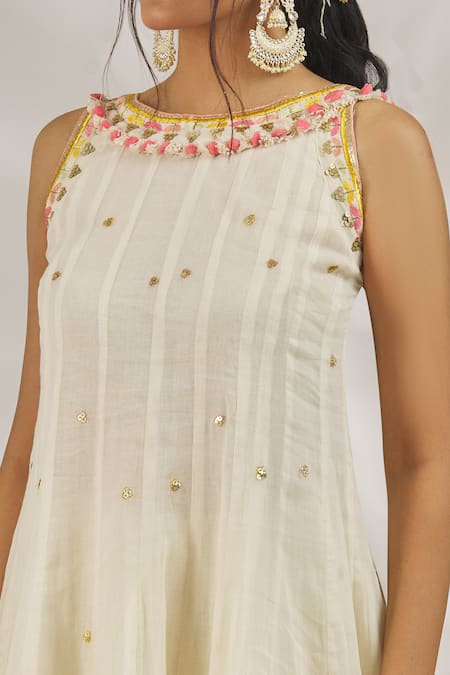 Gopi Vaid_Ivory Cotton Tassels, Pom-poms Aisha Sequin Embroidered Kurta With Dhoti Pant _Online_at_Aza_Fashions