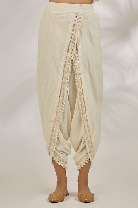 Buy_Gopi Vaid_Ivory Cotton Tassels, Pom-poms Aisha Sequin Embroidered Kurta With Dhoti Pant _Online_at_Aza_Fashions