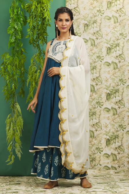 Alaya Advani Blue Cotton Embroidery Round Neck Peacock Anarkali And Palazzo Set Online at Aza Fashions Alaya Advani_Blue Cotton Embroidery Round Neck Peacock Anarkali And Palazzo Set_Online_at_Aza_Fashions