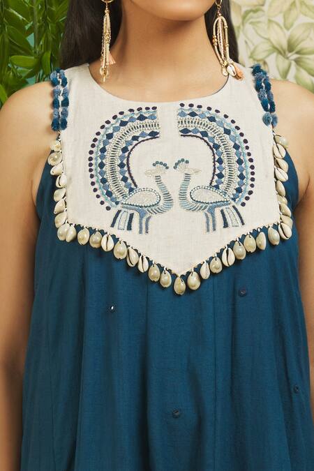 Buy Alaya Advani Blue Cotton Embroidery Round Neck Peacock Anarkali And Palazzo Set Online at Aza Fashions Buy_Alaya Advani_Blue Cotton Embroidery Round Neck Peacock Anarkali And Palazzo Set_Online_at_Aza_Fashions