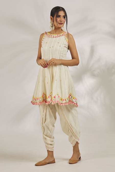 Shop_Gopi Vaid_Ivory Cotton Tassels, Pom-poms Aisha Sequin Embroidered Kurta With Dhoti Pant _Online_at_Aza_Fashions
