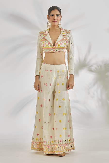 Gopi Vaid_Ivory Cotton Mirrors, Embroidery Collared Inaya Thread Crop Jacket With Pant_at_Aza_Fashions