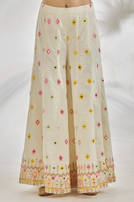 Gopi Vaid_Ivory Cotton Mirrors, Embroidery Collared Inaya Thread Crop Jacket With Pant_Online_at_Aza_Fashions