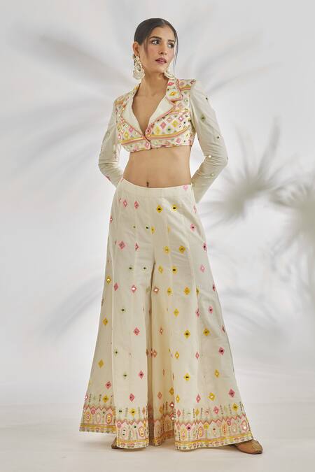 Buy_Gopi Vaid_Ivory Cotton Mirrors, Embroidery Collared Inaya Thread Crop Jacket With Pant_Online_at_Aza_Fashions