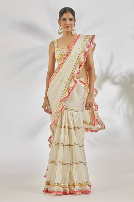 Gopi Vaid Ivory Cotton, Tussar Sequins, Sannah Ruffle Saree With Thread Embroidered Blouse at Aza Fashions Gopi Vaid_Ivory Cotton, Tussar Sequins, Sannah Ruffle Saree With Thread Embroidered Blouse_at_Aza_Fashions