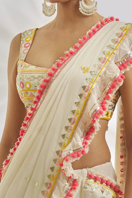 Gopi Vaid Ivory Cotton, Tussar Sequins, Sannah Ruffle Saree With Thread Embroidered Blouse Online at Aza Fashions Gopi Vaid_Ivory Cotton, Tussar Sequins, Sannah Ruffle Saree With Thread Embroidered Blouse_Online_at_Aza_Fashions
