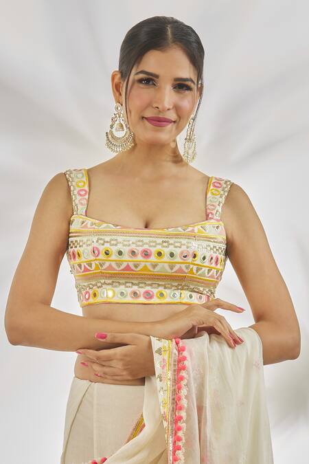 Shop Gopi Vaid Ivory Cotton, Tussar Sequins, Sannah Ruffle Saree With Thread Embroidered Blouse Online at Aza Fashions Shop_Gopi Vaid_Ivory Cotton, Tussar Sequins, Sannah Ruffle Saree With Thread Embroidered Blouse_Online_at_Aza_Fashions