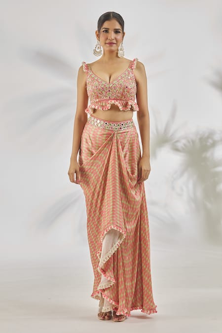 Gopi Vaid_Pink Satin Tassels, Pom-poms Saira Embroidered Blouse With Abstract Print Skirt_at_Aza_Fashions