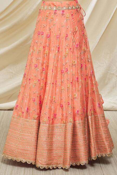 Gopi Vaid_Pink Silk, Net Embroidery, Tassels V-neck Nargis Floral Print Lehenga Set_at_Aza_Fashions