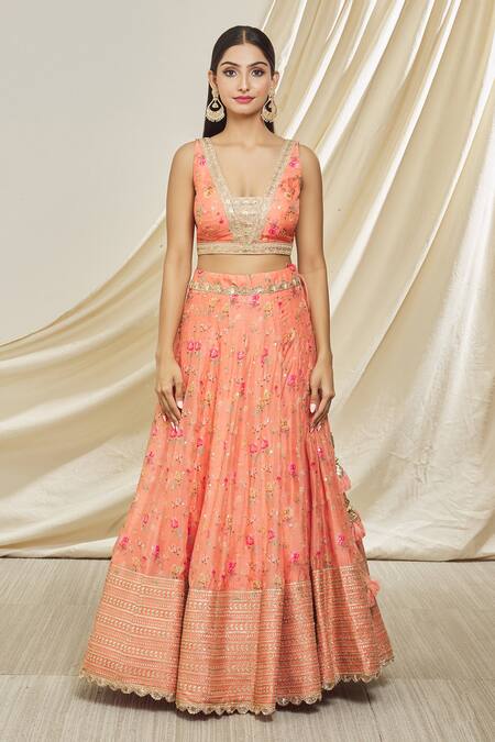 Gopi Vaid_Pink Silk, Net Embroidery, Tassels V-neck Nargis Floral Print Lehenga Set_Online_at_Aza_Fashions