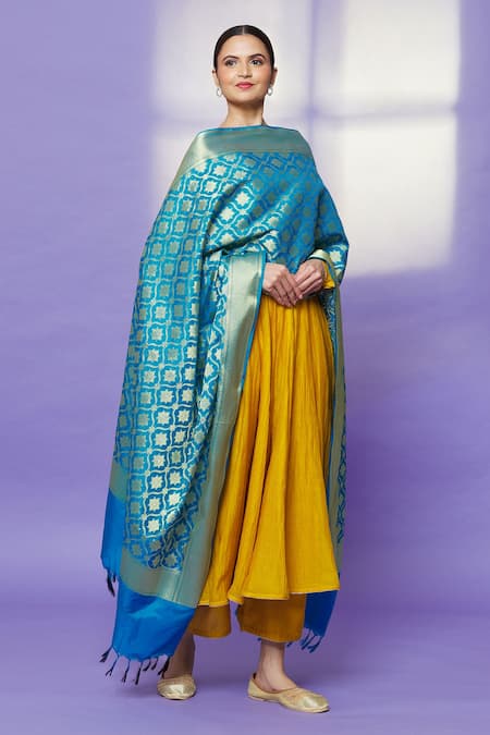 Khwaab by Sanjana Lakhani Blue Brocade Floral Woven Dupatta 