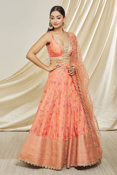 Buy_Gopi Vaid_Pink Silk, Net Embroidery, Tassels V-neck Nargis Floral Print Lehenga Set_Online_at_Aza_Fashions