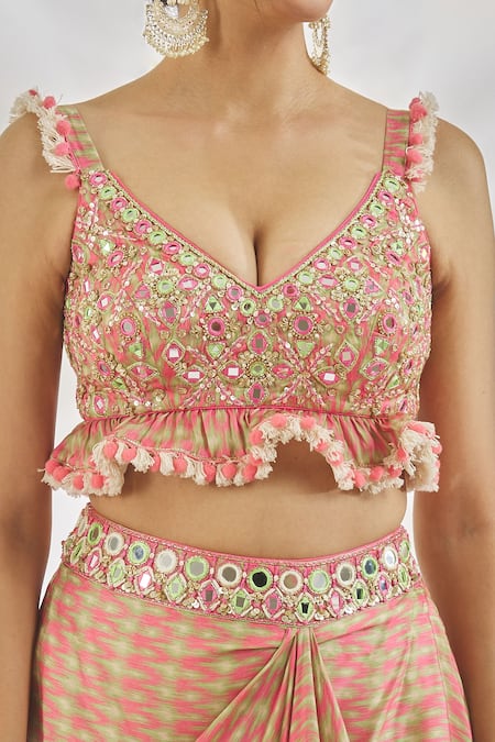 Buy_Gopi Vaid_Pink Satin Tassels, Pom-poms Saira Embroidered Blouse With Abstract Print Skirt_Online_at_Aza_Fashions