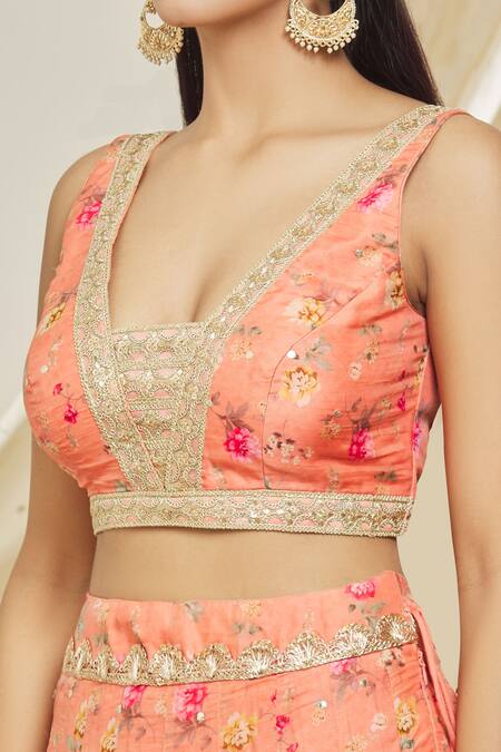 Shop_Gopi Vaid_Pink Silk, Net Embroidery, Tassels V-neck Nargis Floral Print Lehenga Set_Online_at_Aza_Fashions