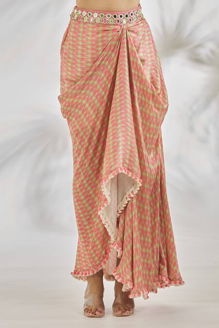 Shop_Gopi Vaid_Pink Satin Tassels, Pom-poms Saira Embroidered Blouse With Abstract Print Skirt_Online_at_Aza_Fashions