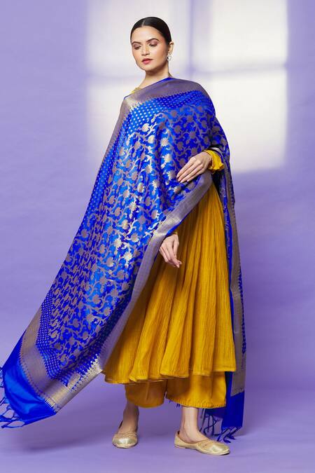 Shop_Naintara Bajaj_Blue Silk Embroidery Floral Pattern Dupatta _Online_at_Aza_Fashions