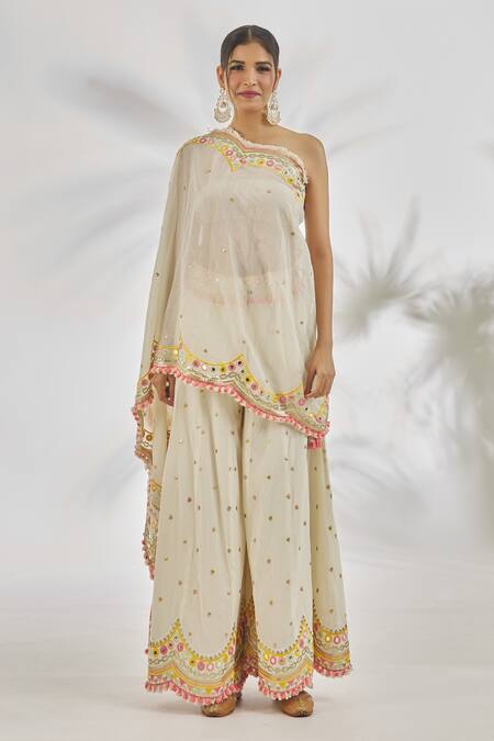 Gopi Vaid_Ivory Cotton Tassels, Amyra Embroidered One Shoulder Tunic With Sharara_Online_at_Aza_Fashions