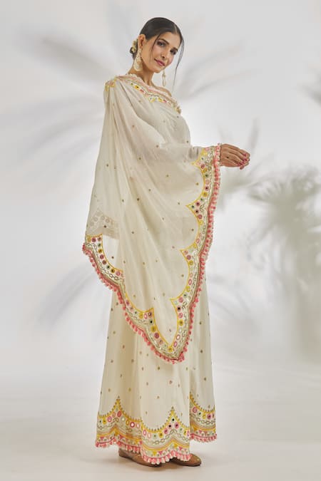 Buy_Gopi Vaid_Ivory Cotton Tassels, Amyra Embroidered One Shoulder Tunic With Sharara_Online_at_Aza_Fashions