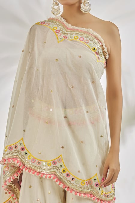 Shop_Gopi Vaid_Ivory Cotton Tassels, Amyra Embroidered One Shoulder Tunic With Sharara_Online_at_Aza_Fashions