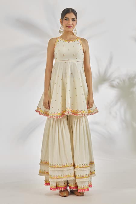 Gopi Vaid_Ivory Cotton Sequins, Mirrors, Embroidery, Ruhi Peplum Kurta And Sharara Set _at_Aza_Fashions