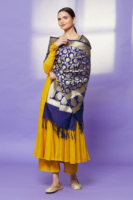 Naintara Bajaj Navy Brocade Embroidery Floral Woven Blue Dupatta