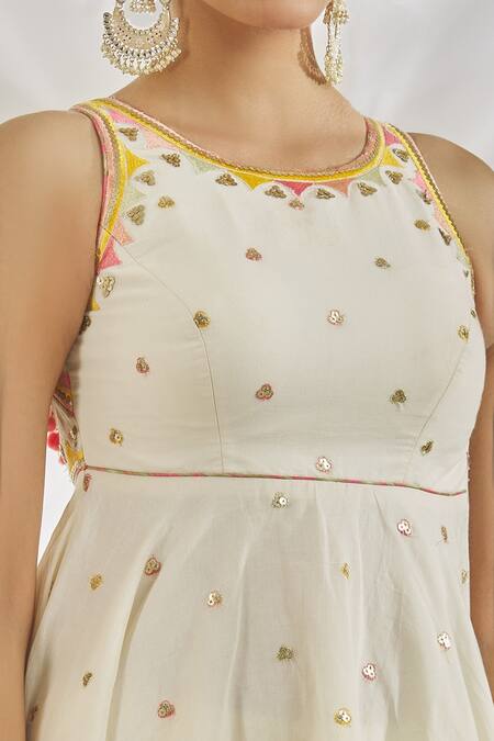 Gopi Vaid_Ivory Cotton Sequins, Mirrors, Embroidery, Ruhi Peplum Kurta And Sharara Set _Online_at_Aza_Fashions