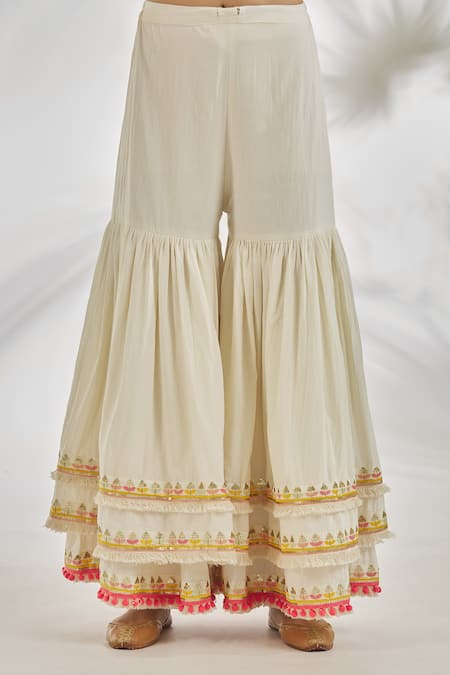 Buy_Gopi Vaid_Ivory Cotton Sequins, Mirrors, Embroidery, Ruhi Peplum Kurta And Sharara Set _Online_at_Aza_Fashions