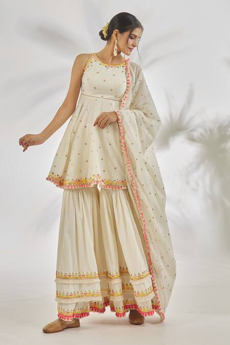 Shop_Gopi Vaid_Ivory Cotton Sequins, Mirrors, Embroidery, Ruhi Peplum Kurta And Sharara Set _Online_at_Aza_Fashions