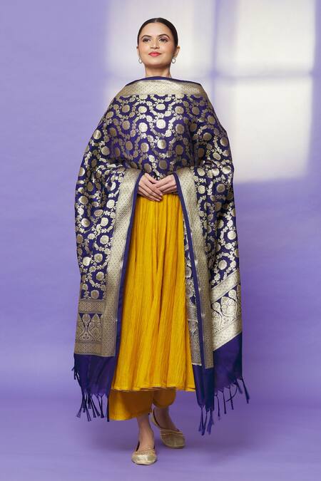 Shop_Naintara Bajaj_Navy Brocade Zari, Fringe Banarasi Art Silk Floral Woven Dupatta _Online_at_Aza_Fashions