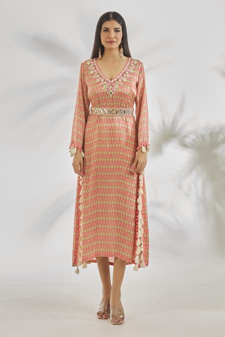 Buy_Gopi Vaid_Pink Satin Tassels, Pom-poms V-neck Rahat Abstract Print Kaftan _Online_at_Aza_Fashions