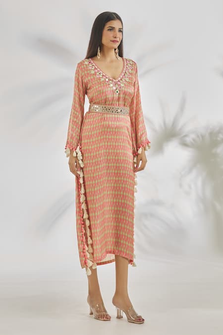 Shop_Gopi Vaid_Pink Satin Tassels, Pom-poms V-neck Rahat Abstract Print Kaftan _Online_at_Aza_Fashions