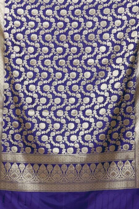 Buy_Naintara Bajaj_Navy Brocade Zari, Fringe Banarasi Art Silk Floral Woven Dupatta _Online_at_Aza_Fashions