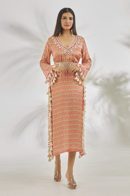 Gopi Vaid_Pink Satin Tassels, Pom-poms V-neck Rahat Abstract Print Kaftan _at_Aza_Fashions