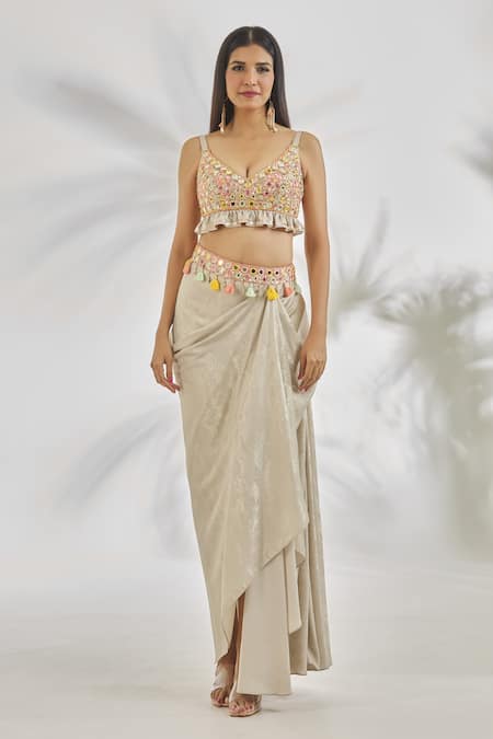 Gopi Vaid Grey Cotton Tassels V-neck Alisha Mirror Embroidered Blouse With Skirt at Aza Fashions Gopi Vaid_Grey Cotton Tassels V-neck Alisha Mirror Embroidered Blouse With Skirt_at_Aza_Fashions