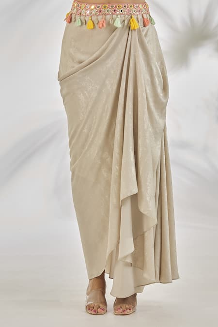 Gopi Vaid Grey Cotton Tassels V-neck Alisha Mirror Embroidered Blouse With Skirt Online at Aza Fashions Gopi Vaid_Grey Cotton Tassels V-neck Alisha Mirror Embroidered Blouse With Skirt_Online_at_Aza_Fashions