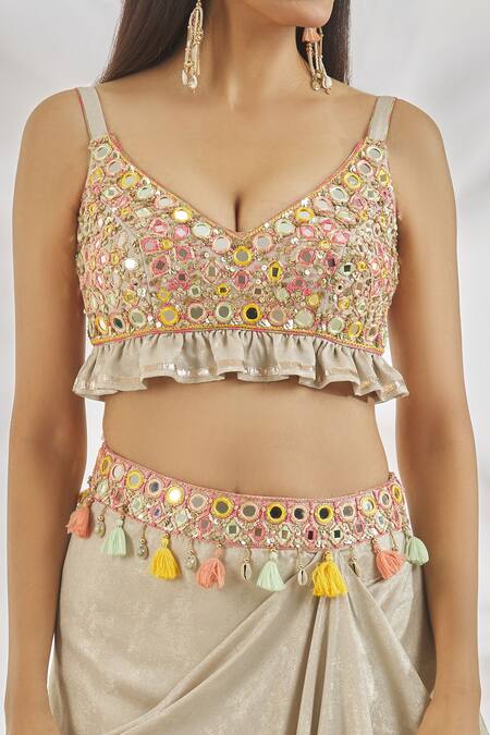 Buy Gopi Vaid Grey Cotton Tassels V-neck Alisha Mirror Embroidered Blouse With Skirt Online at Aza Fashions Buy_Gopi Vaid_Grey Cotton Tassels V-neck Alisha Mirror Embroidered Blouse With Skirt_Online_at_Aza_Fashions