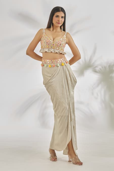 Shop Gopi Vaid Grey Cotton Tassels V-neck Alisha Mirror Embroidered Blouse With Skirt Online at Aza Fashions Shop_Gopi Vaid_Grey Cotton Tassels V-neck Alisha Mirror Embroidered Blouse With Skirt_Online_at_Aza_Fashions