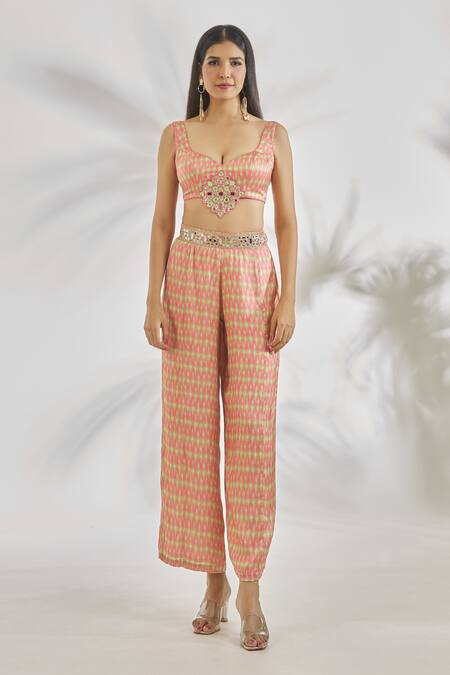 Gopi Vaid_Pink Satin Print Abstract Sweetheart Neck Naira Top With Pant _Online_at_Aza_Fashions