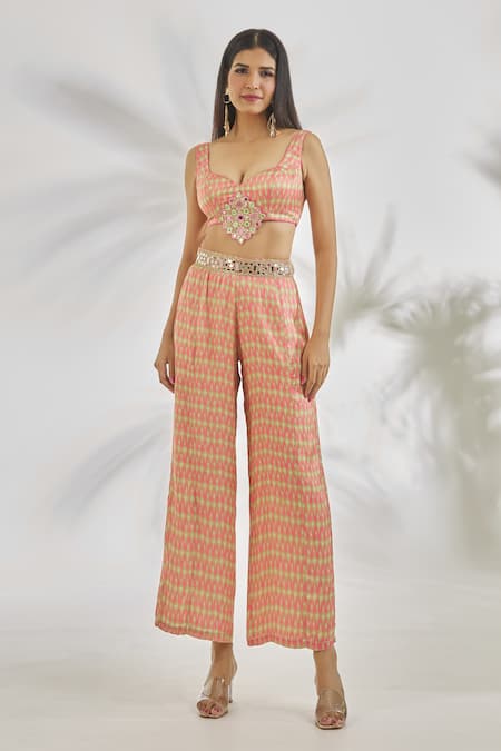 Buy_Gopi Vaid_Pink Satin Print Abstract Sweetheart Neck Naira Top With Pant _Online_at_Aza_Fashions