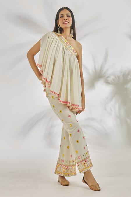 Buy_Gopi Vaid_Ivory Cotton Embroidery, Mirrors Asymmetric One Shoulder Top With Thread Pant _Online_at_Aza_Fashions