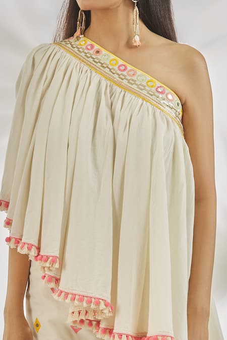 Shop_Gopi Vaid_Ivory Cotton Embroidery, Mirrors Asymmetric One Shoulder Top With Thread Pant _Online_at_Aza_Fashions