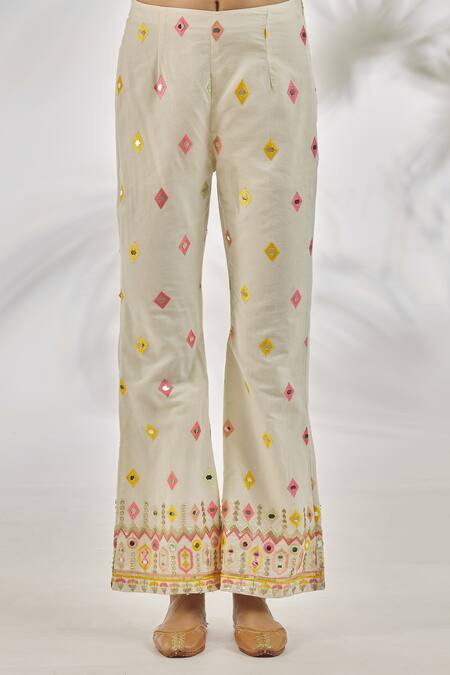Gopi Vaid_Ivory Cotton Embroidery, Mirrors Asymmetric One Shoulder Top With Thread Pant _at_Aza_Fashions